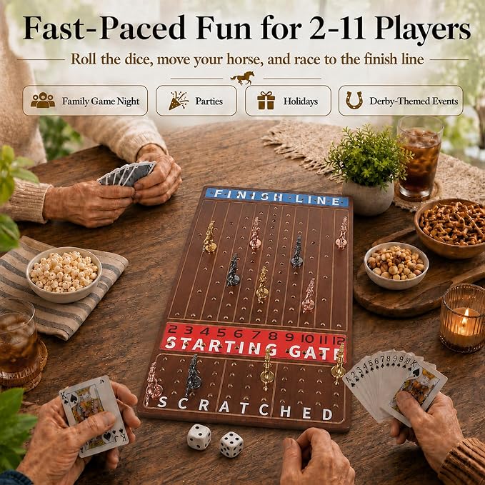 Jyquorp Horse Race Board Game Wooden Kentucky Derby Party Game Set with 11 Metal Horses, 2 Dice & 2 Card Decks, Large Solid Wood Horse Racing Board Game for Family & Adults (15.6" x 10")