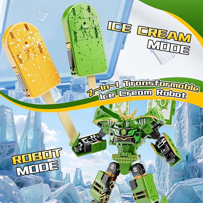 BOZOBO Ice Cream Transforming Toy, 2 in 1 Popsicle Transform into Robot Action Figure, DIY Transformation Figure Toys for Kids & Adults Action Figures for Boys Party Favors Gift (Green)