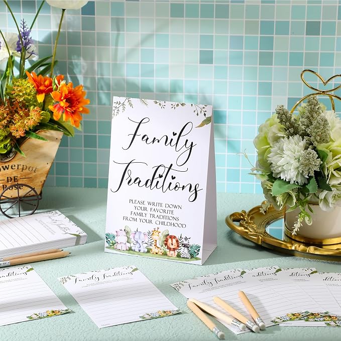 Fumete 61 Pieces Family Tradition Baby Shower Games Include 1 Family Traditions Standing Sign and 50 Activities Cards with 10 Pencils for Gender Reveal Bridal Shower Wedding(Green,Forest Animals)