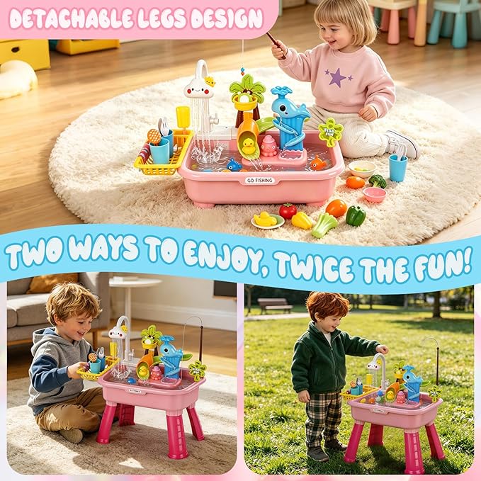 2026 Upgraded Water Table for Toddlers 1-3, Outdoor Water Play Table for Kids Ages 4-8 with Pump, Toddler Water Table, Play Sink with Running Water, Kitchen Sink Toy, Fishing Game, Sensory Table, Pink