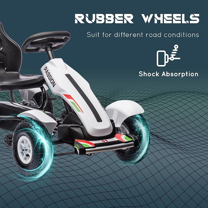 Aosom Kids Pedal Go Kart, Outdoor Ride on Toys with Adjustable Seat, Sharp Handling, Handbrake, 4 Non-Slip Rubber Wheels for Boys & Girls Aged 5-12 Years Old, White