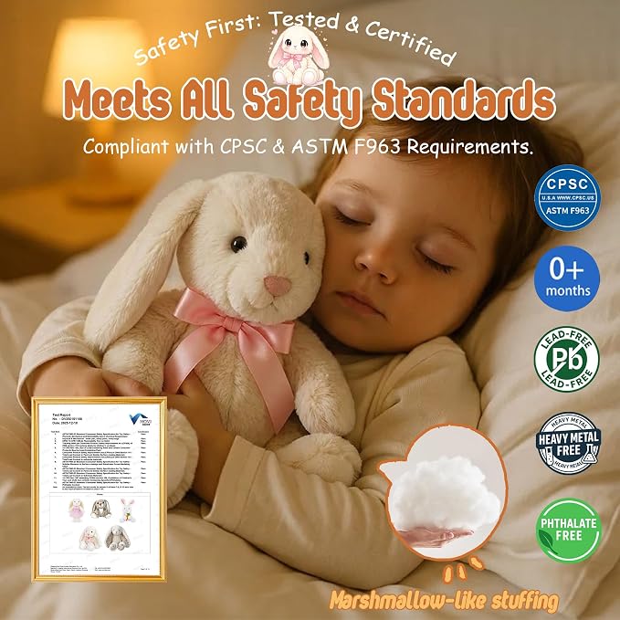 Cream Rabbit Plush Toy Pink Ribbon Bow Floppy Ears Stuffed Animal Easter Basket Stuffers Gifts for Baby Shower Newborn Infant Valentines Day Girlfriend Wife Wedding Love Beige 8 Inch 6.7 oz