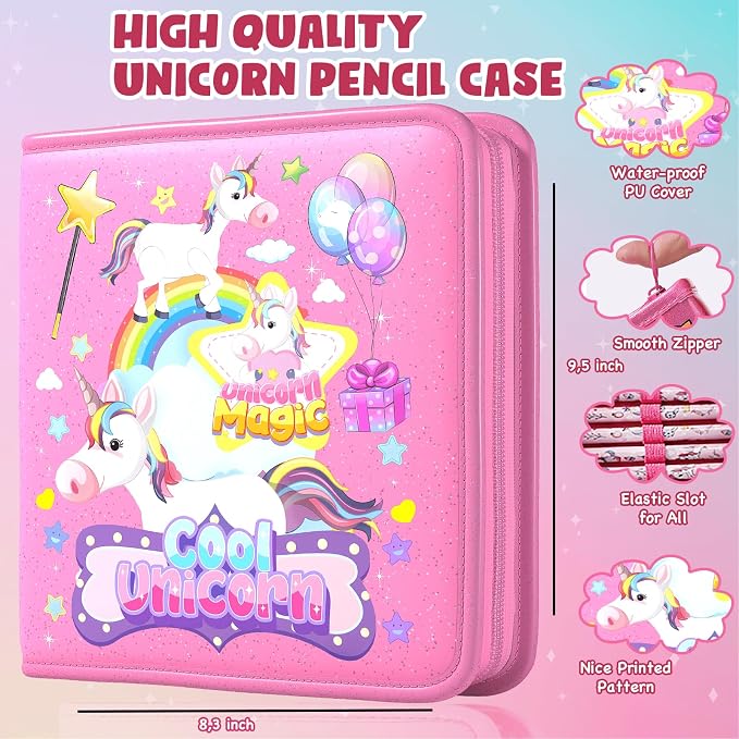 DOKKIA Fruit Scented Coloring Pens Markers Set 65 PCS Art Craft Drawing Case - Washable Kits Pencil,Gel Pen,Crayon&Coloring Book Supplies Rainbow Unicorn Pink
