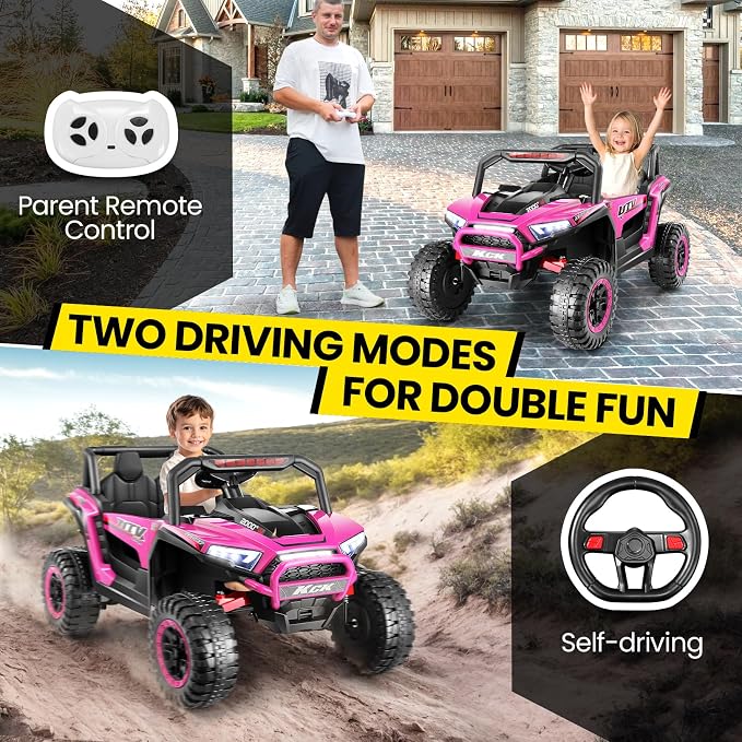Hikole 24V Ride on Toys for Boys&Girl, 2 Seater Kids UTV with Parent Remote, 400W Battery Motors Operated, XXL Design, Steering Wheels, Easy to Assemble, Dashboard/LED/Horn/Bluetooth, Hot Pink