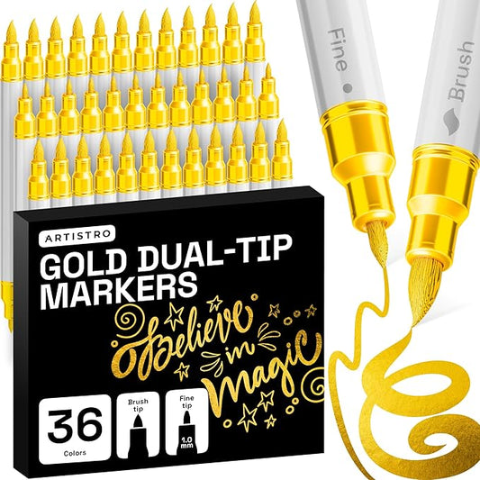ARTISTRO 36 Gold Acrylic Paint Markers - Paint Pens for Drawing - For Fabric, Rock, Glass, Wood, Molds - Arts & Crafts Gift for Adults, Teens, Kids, Classroom Must Haves & School Supplies