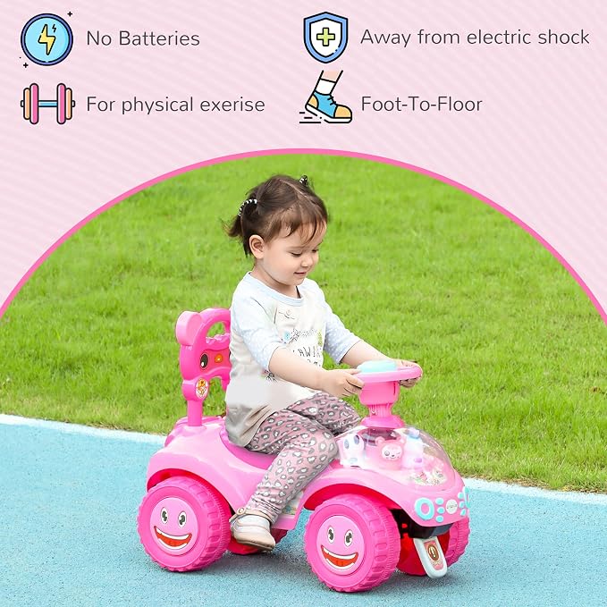 Qaba Toddler Push Car, Foot to Floor Ride on Toy with Horn, Light, Music, Steering Wheel, Anti-Over-Backwards Device & Under Seat Storage, Baby Sliding Car for Boys Girls 18-36 Months, Pink