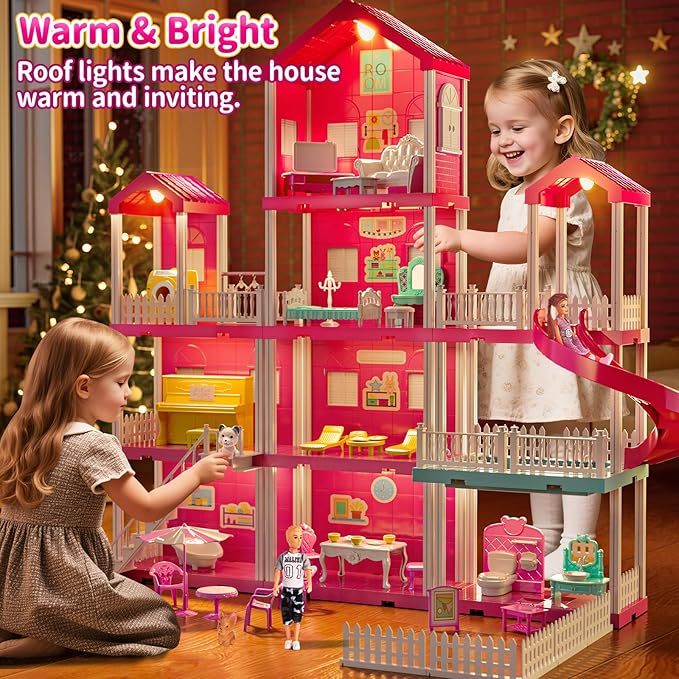JUKUDAHU Pink Villa Playset for Girls Ages 3-7, 4-Story 10-Room House with 2 Dolls, Furniture & Accessories, Pretend Play Toddler Toy, Birthday Gifts for Kids 3-8