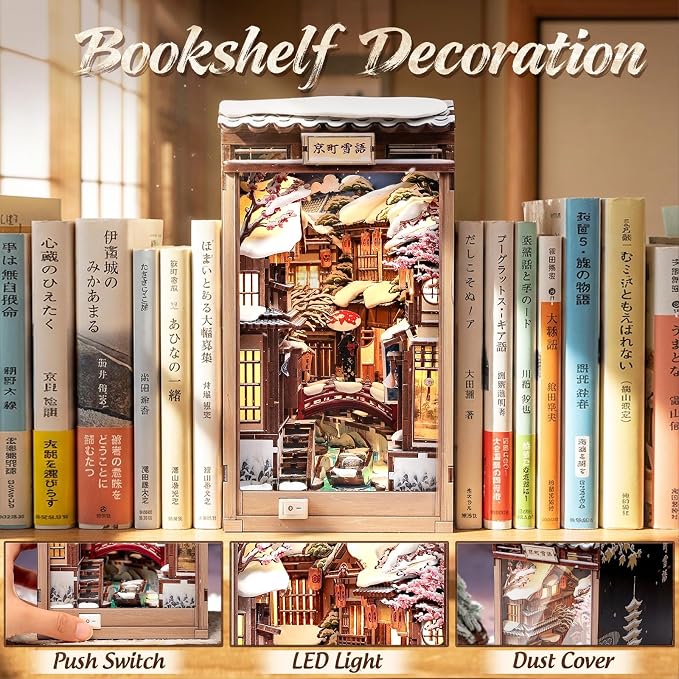 CUTEBEE Book Nook Kit - DIY Miniature House Dollhouse for Adults, Japanese Kyoto Winter Street Scene, Bookshelf Decor 3D Wooden Puzzle Model Kit, Diorama Bookish Gifts (Kyoto Snow Scene)