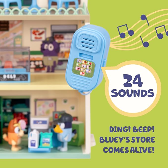 Bluey and Bingo Supermarket Playset with Escalator, Pretend Play Toys for Toddlers, Sounds and 15 Pieces, Bluey Grocery Store Playset