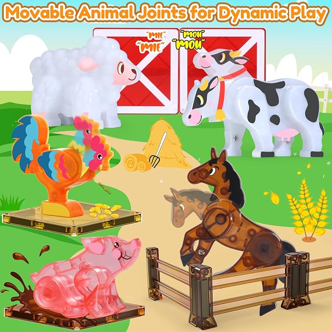 Oriate Magnetic Tiles 3D Animal Farm Toys, 5pcs Farm Animals for Kids, Movable Joints Animal Toys Suitable for Kids Magnetic Blocks Building Magnet Tiles, STEM Educational Construction