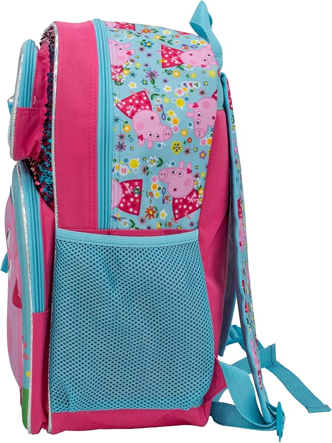 AI ACCESSORY INNOVATIONS Peppa Pig 16” Backpack, Girls Travel Bag Featuring Flip Sequins & 3D Molded Satin Front Zip Pocket, Pink