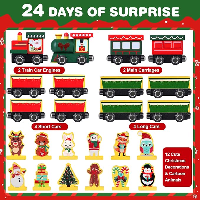 Toddler Advent Calendar 2025-24 Days Magnetic Wooden Animal Train Set Christmas Advent Calendar 2025 for Kids, Countdown Calendar Gifts Montessori Train Stocking Stuffer for Toddlers, Boys and Girls