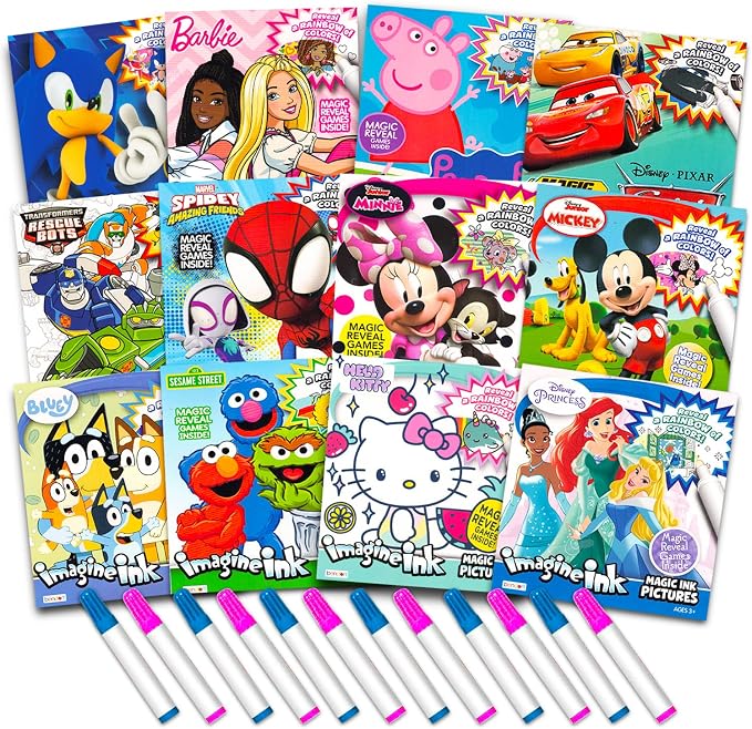 12 Mess Free Imagine Ink Coloring Book Set for Kids - Bulk Bundle with 12 No Mess Coloring Books (Sonic, Bluey, Mickey, Minnie, Spidey, Peppa Pig)