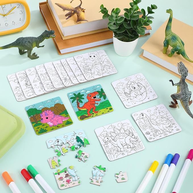 Realspring 24 Pack Dinosaur Color Your Own Jigsaw Puzzles for Kids Ages 3-5, 4-6, 6-8, Coloring Crafts DIY Paper Puzzles Party Favors Gifts for Toddler Children Learning & Education Toys