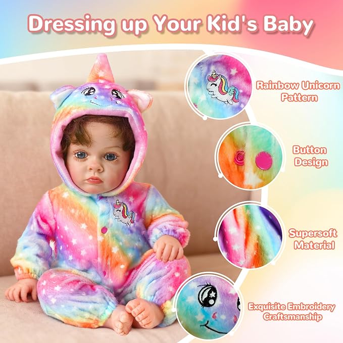 ARTST Reborn Baby Doll Accessories with Bassinet, Rainbow Unicorn Doll Clothes Outfit Set for 17-22 inch Newborn Babies,Birthday Gift for 3-12 Girls Boys(NO Doll)