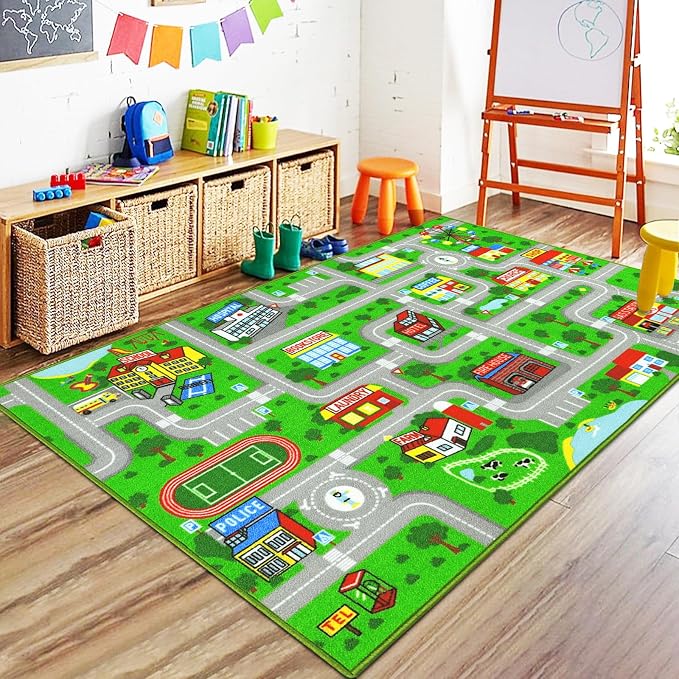 Capslpad Green Car Road Kid Rug Carpet Playmat for Playoom Traffic Road Kids Play Mat for Toddler Non Slip Washable City Map Race Track Carpet Rug for Kids Room Bedroom Nursery Room Decor,5.2'x3.3'