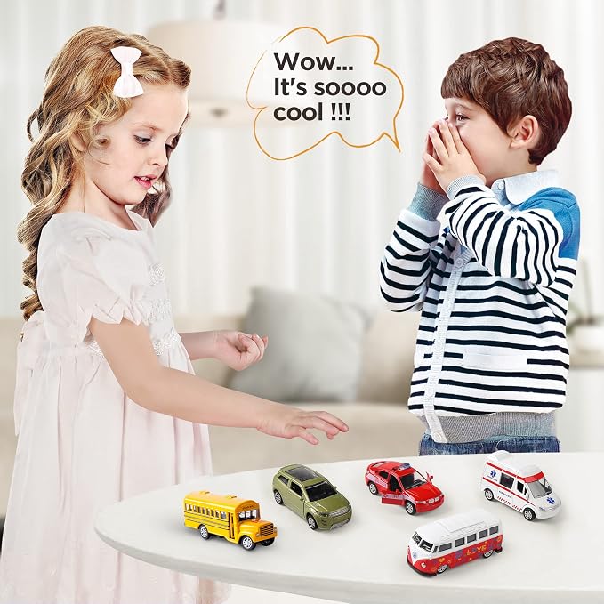 KIDAMI Die-cast Metal Toy Cars Set of 5, Openable Doors, Pull Back Cars Ambulance, Gift Pack for Kids (Official Car Ⅱ)