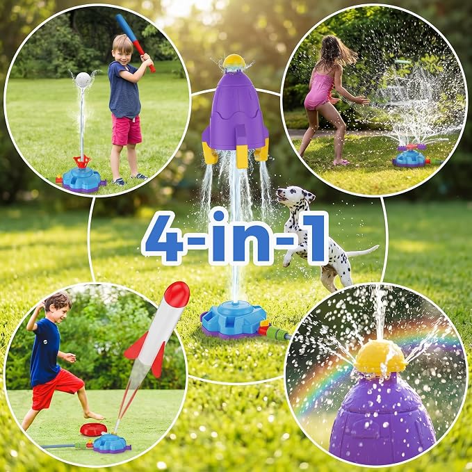 4 in 1 Kids Water Sprinkler Toys for Outdoor Play – Splash Baseball Sprinkler Tball, Foot Pump Rocket Launcher, Rotating & Water Rocket Sprinkler – Summer Backyard Water Toys for Ages 3-8