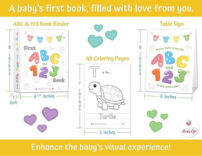 Party Hearty Baby's First ABC & 123 Book Baby Shower Activity, Guest Book Alternative with Alphabet Coloring Pages, Educational Keepsake & Activities for Guests - Baby Shower Games Craft Kit