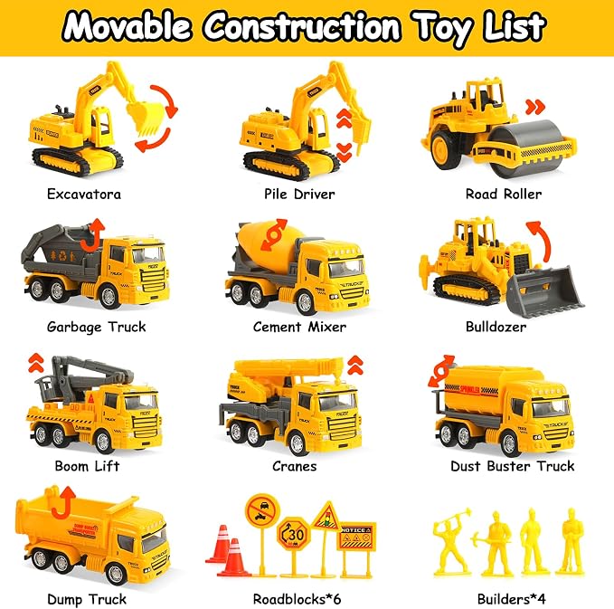 iGRATENS Construction Toys with Sound Books - Dig It! Dump It! Build It! Construction Board Book with 10 Buttons & 20 PCS Toys for 3+ Year Old, Great for Little Alloy Truck Lovers Kids