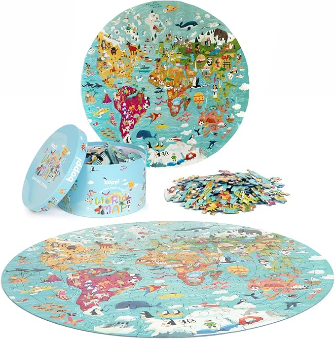 boppi World Map Round Jigsaw Puzzle with 100% Recycled Card 150 Pieces with Animals for Children 5 6 7 8 Years 58cm Diameter