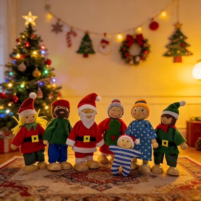HYSTYLE 7 Pack Wooden Dollhouse Family Dolls Pretend Play Figures, Family Role Play Pretend Play People Figures