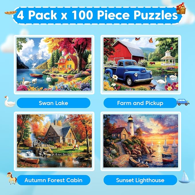100 Piece Puzzles - 4 Themed Landscapes Large Piece Puzzles for Senior Adults Kids Puzzle Ages 5-8 Jigsaw Puzzle for Kids Ages 4-6 6-8 8-10 Year Old Educational Toys for Girls Boys 4-Pack