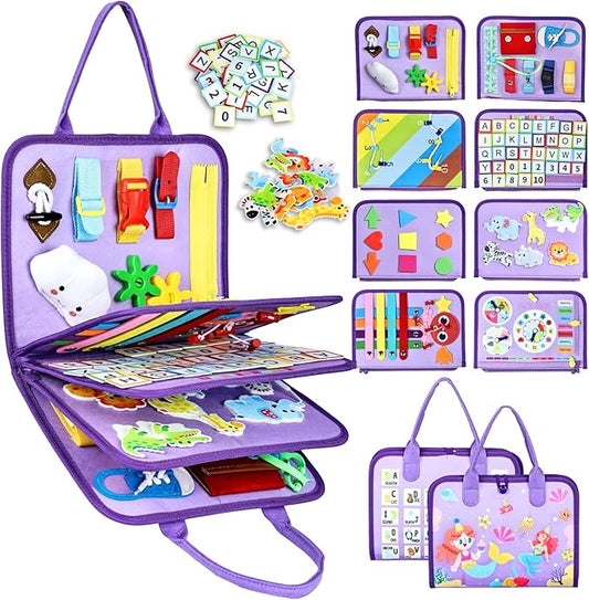 Esjay Toddler Busy Board Montessori Toys for Girls, Sensory Book Educational Activities Learning Fine Motor Skills, Birthday Gifts for Girls Toddlers, Travel Toys for Airplane Car, Purple Merpeople