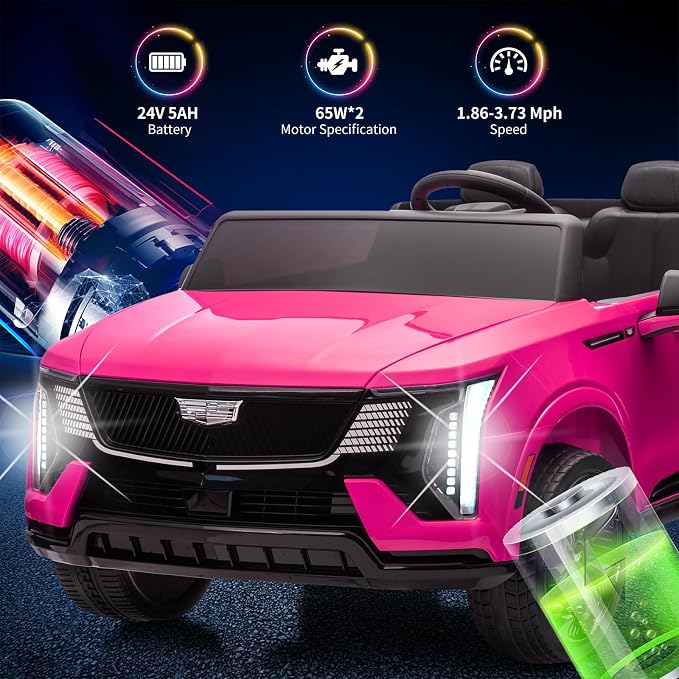 GarveeLife 24V 2 Seater Kids Ride On Car Licensed Cadillac Electric Car Toy for Toddlers Battery Powered Ride On Truck with 2.4G Remote Control, Spring Suspension, Music, LED Lights, Pink