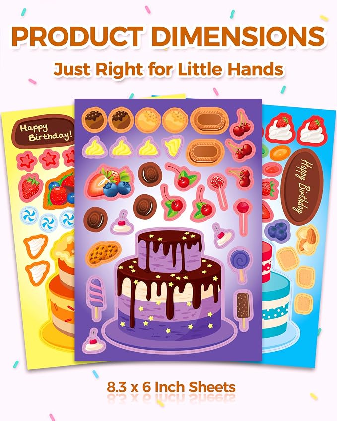 Aowplc 32 Sheets Cake Stickers for Kids – Make Your Own Birthday Cakes Stickers, Toddler Party Favors & Goodie Bag Stuffers