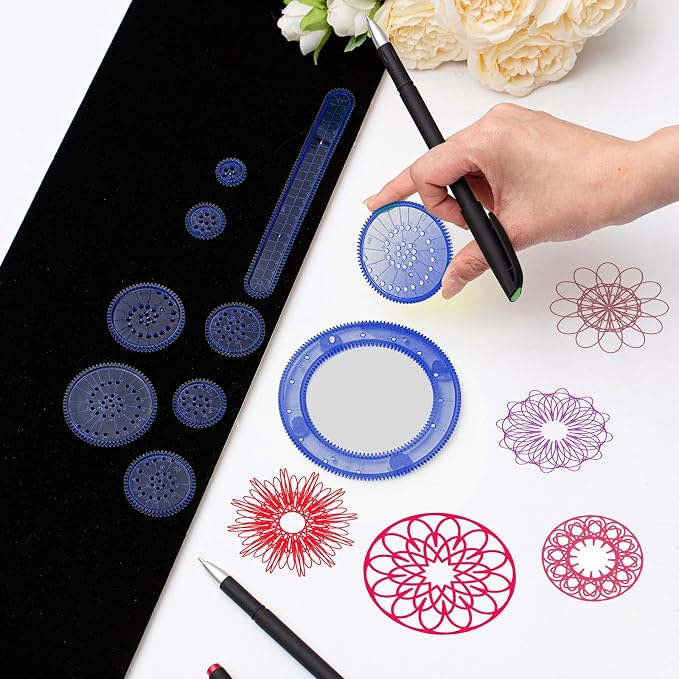 Chivao Spiral Art Kit Circle Stencils Drawing Tool Gear Geometric Ruler Circle Template Drawing Kit Plastic Spiral Curve Stencils with Pens Paper for Back to School Gifts DIY Crafts Sketch(Elegant)