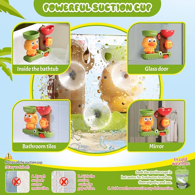 Toddler Bath Toys for Kids Ages 1-3 Waterfall Bathtub Toys for Toddlers 2-4 | with 3 Stacking Cups No Mold Baby Bath Toys Interactive Duck Water Shower Toys for Boys Girls Gifts with Strong Suction Cups
