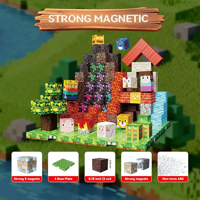 150 PCS Magnetic Blocks, Magnetic Building Blocks Cubes, Farm Magnet Toys for Kids Ages 3+, Magnet Blocks with 4 Bottom Plate for Boys, STEM Toys & Ideal Christmas Birthday Gift