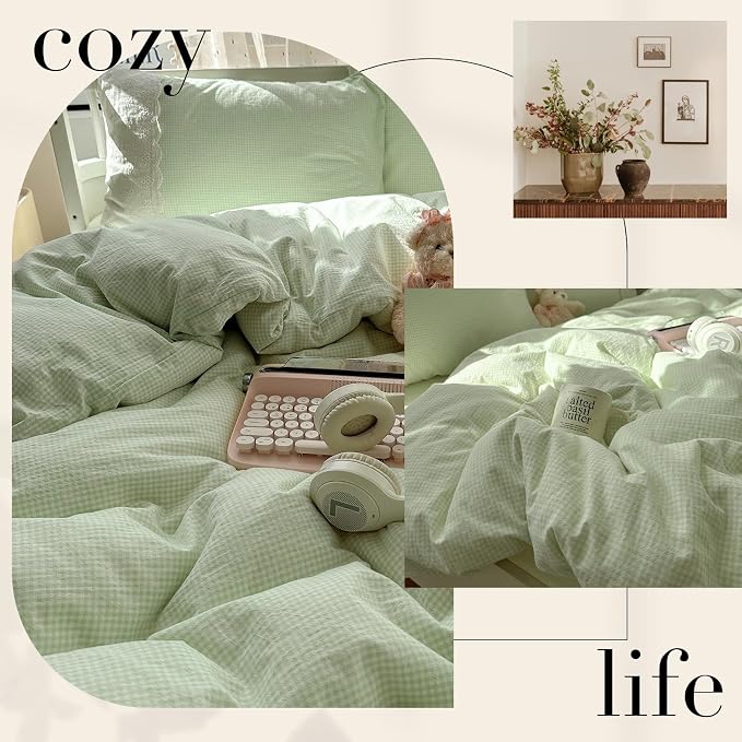 LifeTB Green Gingham Comforter Set King Romantic Lace Style Vintage Checkered Plaid Comforter Set 3 Pieces Green Grid Comforter with 2 Pillowcases Soft Fluffy Farmhouse Gingham Bedding Set King