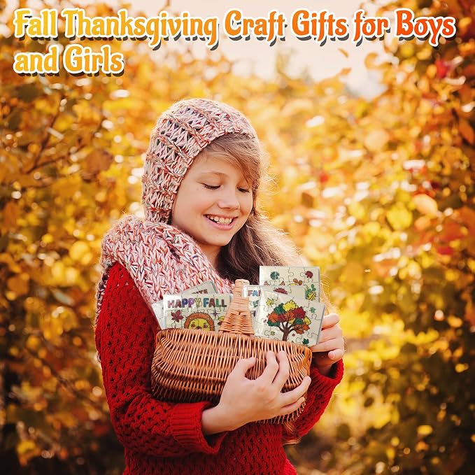Fall Thanksgiving Wooden Crafts for Kids Autumn Activities Kit Blank Puzzle | 24 Set Thanksgiving wood Jigsaw leaf Turkey Fall Harvest Party Favors Classroom Gift Arts DIY Coloring Game Toy Supplies Bulk