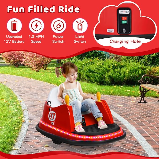 HONEY JOY 12V Toddler Bumper Car, Battery Powered Baby Ride on Bumper Car, Dual Joysticks, Flashing LED Light & 360 Degree Spin, Electric Vehicle Ride on Toys w/Remote Control, Gift for Boys Girls