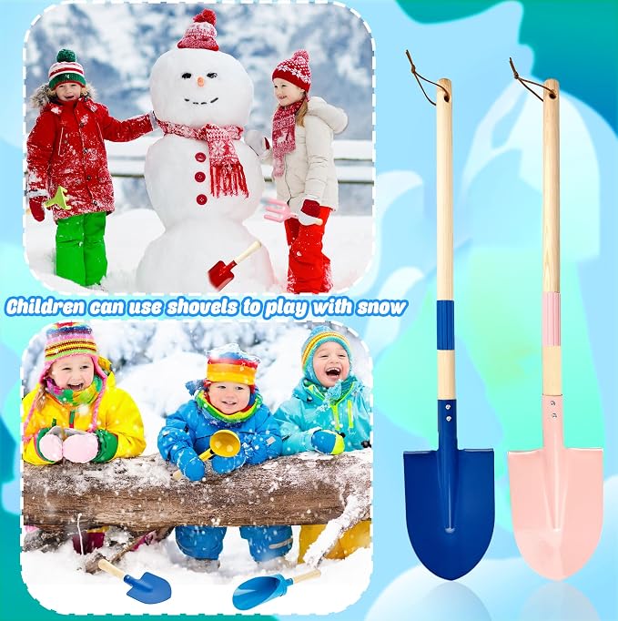 8 Pieces Kids Beach Sand Tools Metal Beach Spoon, Trowel, Rake, Forks, Flat and Pointed Shovel Sand Digging Buckets with Sturdy Wooden Handle for Children Gardening Use
