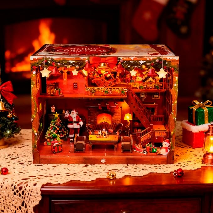 DIY Miniature House, LED Lighting Book Nook Kit Dollhouse Kit,Music Box Dollhouse, 3D Wooden Puzzle with Dust Cover,Gifts for Family, Friends,Christmas(Christmas Carnival)