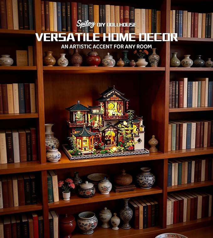 Spilay DIY Miniature Dollhouse Kit,DIY Dollhouse Kit with Wooden Furniture,Dust Proof Cover, Music Box and LED,Handmade Crafts Gifts for Birthday Christmas and Valentine's Day（P019）