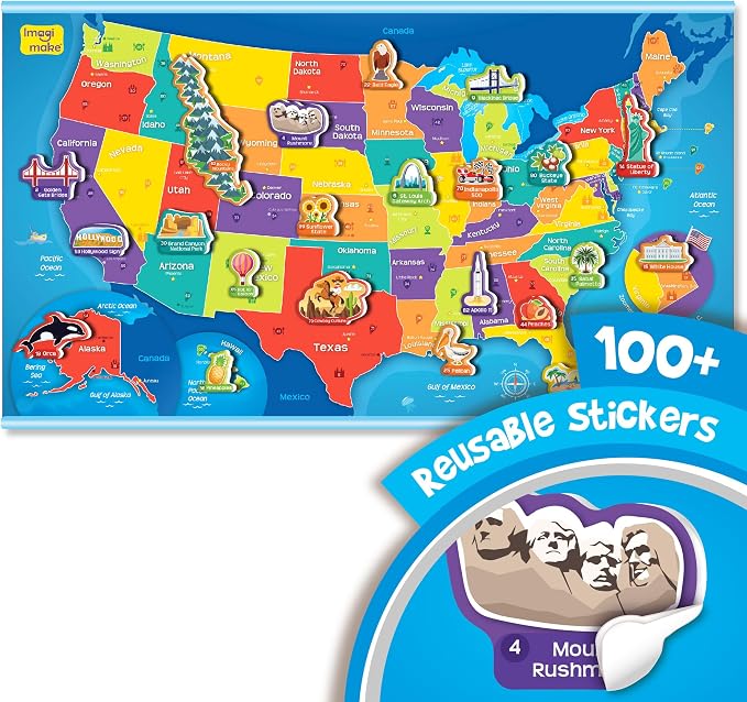 Imagimake Mapology USA Map with Reusable Stickers | 100+ Jelly Stickers | Classroom Geography Games & Learning Kids Toys Age 5-8 | Gifts for Boys & Girls Age 5,6,7,8,9,10,11,12 Years Old