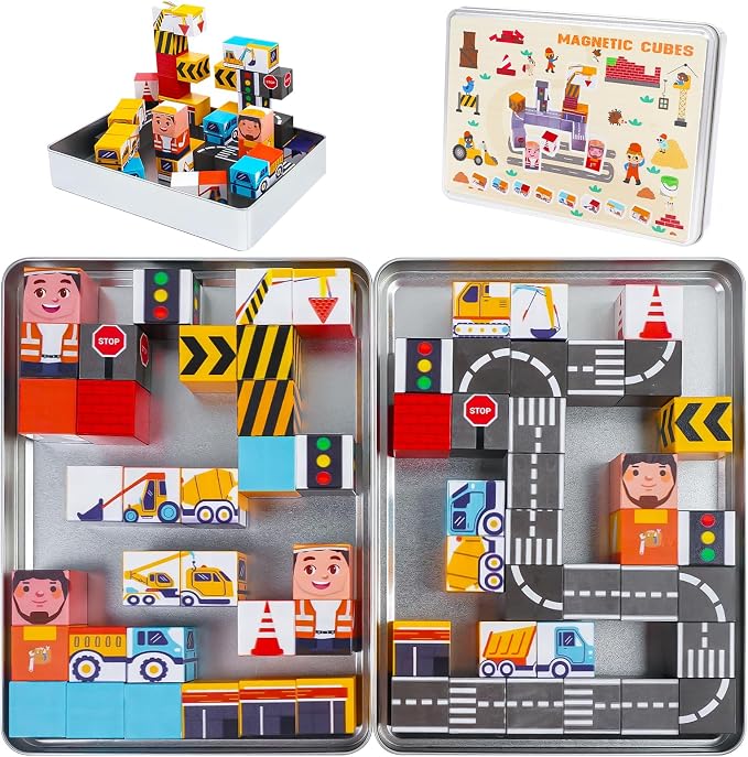 Travel Magnetic Blocks Toys Portable, 40PCS Construction Magnet Building Tiles Road Trip Activities for Toddlers Kids Ages 3-8, STEM Sensory Toys Birthday Gift for Boy