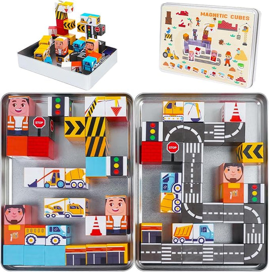 Travel Magnetic Blocks Toys Portable, 40PCS Construction Magnet Building Tiles Road Trip Activities for Toddlers Kids Ages 3-8, STEM Sensory Toys Birthday Gift for Boy