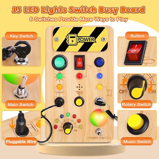 TINTECUSA Busy Board Montessori Toys for Toddler, Wooden Sensory Board Switch Toy with Color-Changing LED Light Up Travel Toys Educational Plane Travel Activity for 1-6 Year Old Girls & Boys Gifts