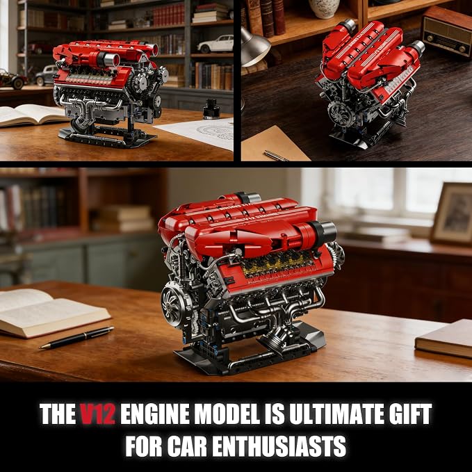 V12 Engine Model Kit That Runs, 12-Cylinder Sports Car Engine Building Set with Rechargeable Motor, Compatible with Lego for Adults, Engineering Construction STEM Toy for Teens (1607 PCS)