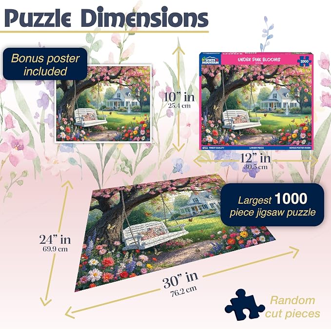 White Mountain 1000 Piece Jigsaw Puzzle Spring Garden Blossom Scene Puzzles with Large Pieces Gift for Adults and Family 24"x30" - Under Pink Blooms