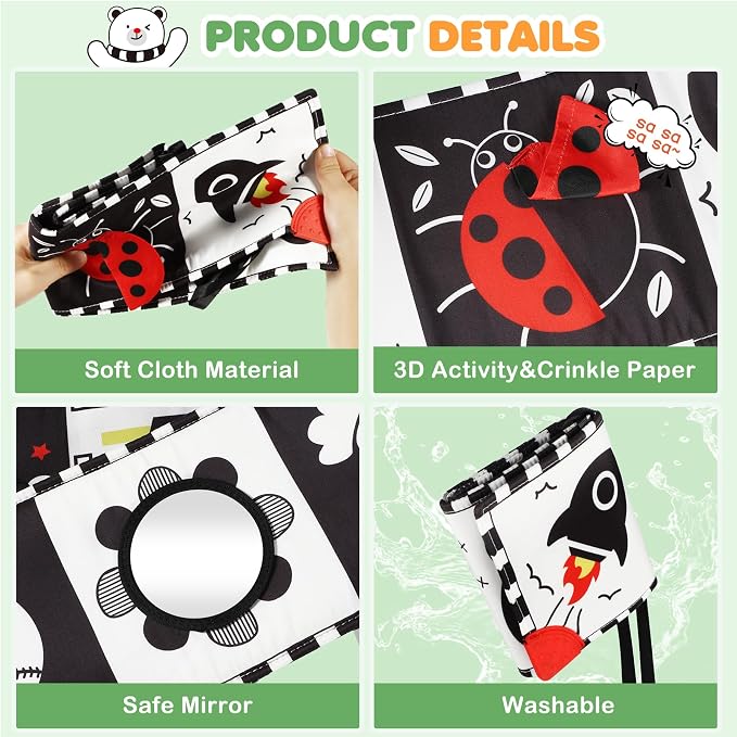 BBWOO High Contrast Baby Toys for Newborn, Tummy Time Mirror, Black and White Baby Toy for 0-6 Months, Soft Montessori Visual Stimulation Infant Book, Boy Girl Shower Gift