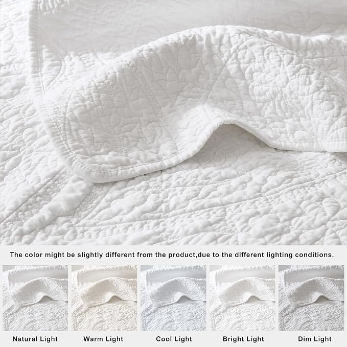 PALASSIO White Paisley 100% Cotton Quilt California Cal King Size Bedding Sets with 2 Pillow Shams, Oversized Boho Floral Farmhouse Vintage Soft Bedspread Shabby Chic Coverlet for All Season, 3 Pieces