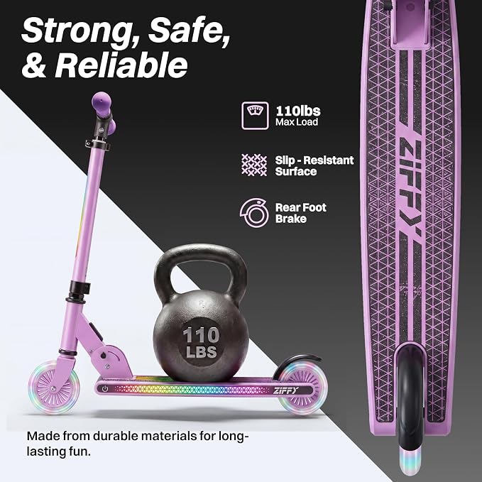 JOVA ZIFFY Light Up Scooter for Kids 3-12, 2 Wheel Foldable Kids Kick Scooter, 3 Adjustable Height, ABEC-7 Bearing with 4'' PU Wheels, Rear Foot Brake, Gift for Boys& Girls (Up to 110lb)