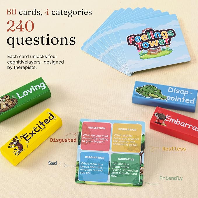Feelings Tower Therapy Games for Kids & Teens - Social Emotional Learning Toy, 48 Emotion Cards & Animal Stacking Blocks - Play Therapy Toys, SEL & Social Skills Games for Kids, Counseling