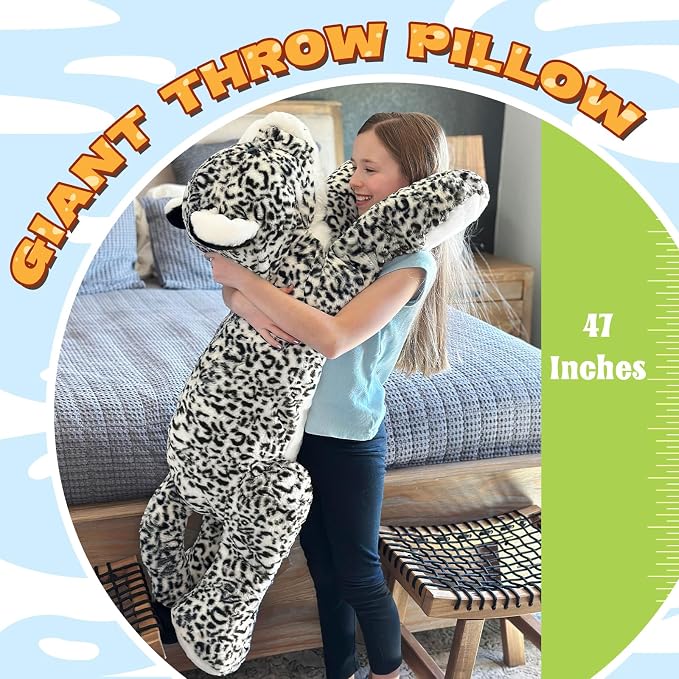 MorisMos Giant Snow Leopard Stuffed Animal Plush Pillow 4ft, 47" Extra Large Stuffed Cheetah Pillow for Kids & Adults,Realistic Snow Leopard Plush for Christmas Birthday Gift Safari/Jungle Party Decor